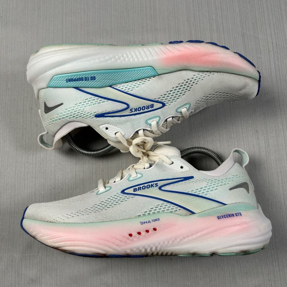 Brooks Glycerin GTS 22 Womens White Blue Running Fitness Gym Shoes Sneakers US 9